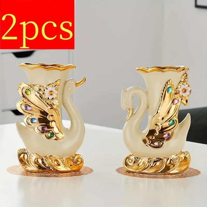 2Pcs Modern Ceramic Vase, Swan Vase Elephant Vase Suitable for Flowers and Fake Plants, Fake Grass, Rose Petals Suitable for Living Room, Dining Table, Bedroom, Balcony, Suitable for Christmas, Decorative Household Products