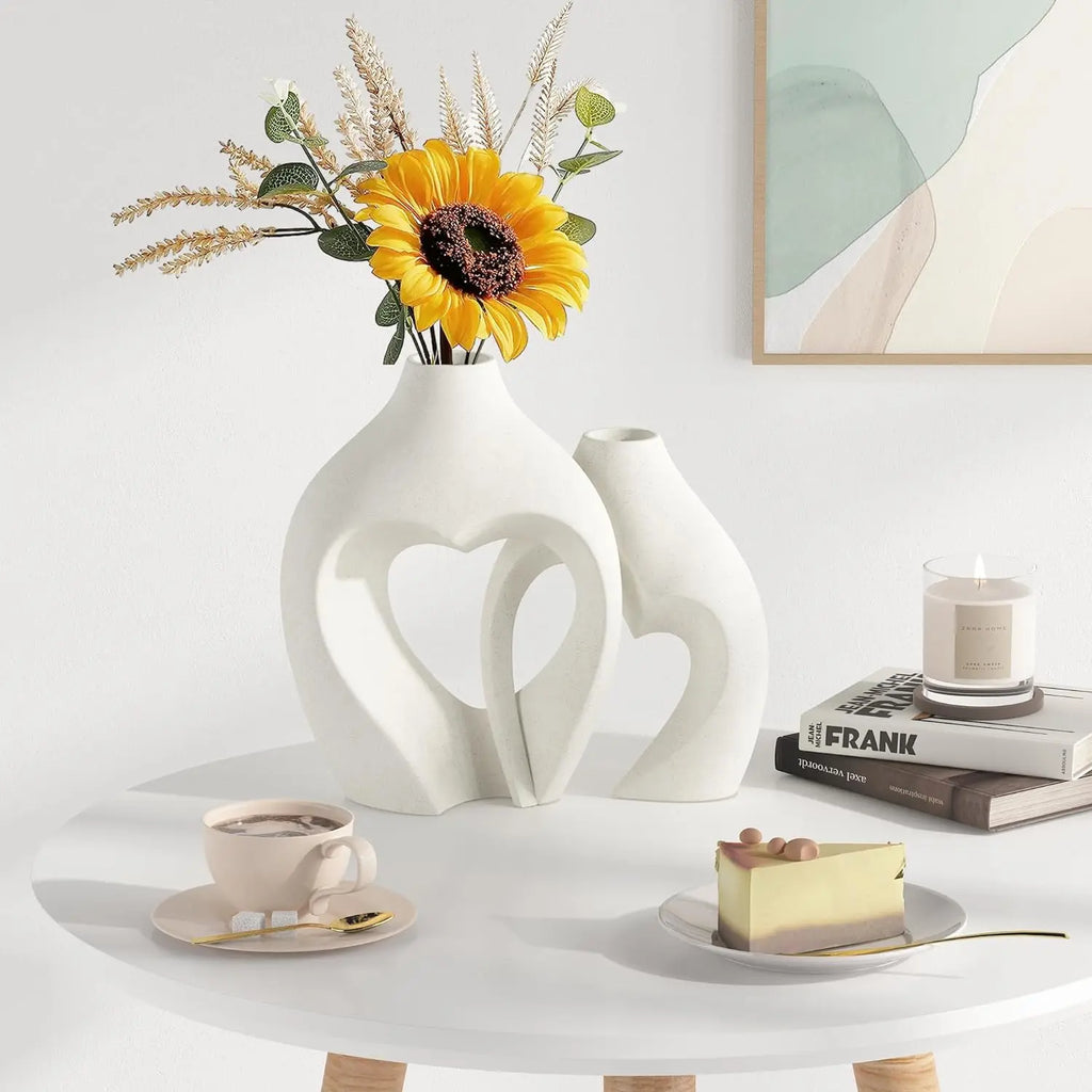 Heart-Shaped White Ceramic Vases, Set of 2, Nordic Minimalist Decorative Vases for Table Centerpiece, Wedding, Dining, Living Room, Office, and Home Decor.