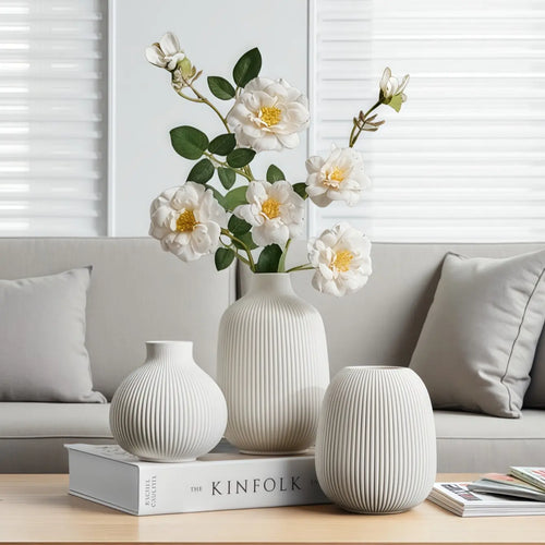 3Pc Ceramic Style Art Abstract Vase Set, Decorative Vase, Holds Water, Perfect for Flower Arrangements & Home Decor, Elegant Design